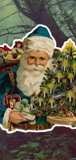 Vintage Santa with a Christmas tree and toys wallpaper.