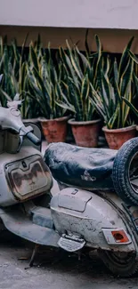 Vintage scooter beside potted plants creating a rustic urban scene.