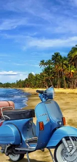 Vintage scooter parked by a tropical beach with palm trees and a clear blue sky.