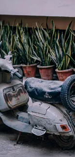 Vintage scooter beside potted plants in an urban setting.