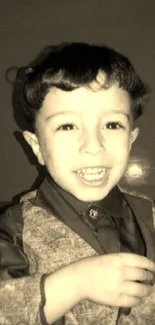 Sepia-toned vintage portrait of a smiling child in traditional attire.