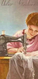 Vintage sewing art wallpaper showing a seamstress at work with a sewing machine.