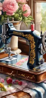 Vintage sewing machine with floral art and intricate design.