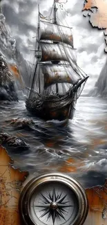 Vintage ship sailing through stormy seas with a compass illustration.