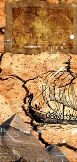 Vintage ship with antique map on cracked earth background.