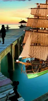 Scenic wallpaper with vintage ship and silhouettes on a sunset dock.