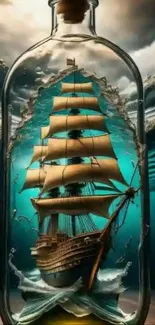 Vintage ship captured in a bottle with ocean background.