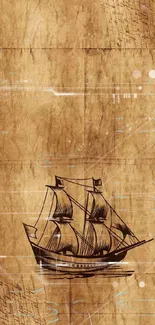 Vintage sailing ship on antique map wallpaper.