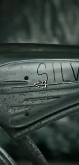 Close-up of a vintage silver bicycle frame with engraved text.