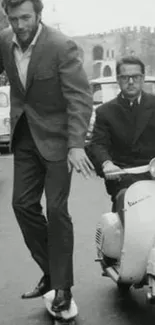 Vintage skateboarding and scooter scene in black and white city street.