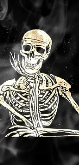 Vintage skeleton illustration on black wallpaper.