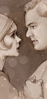 Vintage sketch of a couple in sepia tones, gazing at each other.