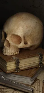 Vintage wallpaper with skull, books, and mysterious objects.