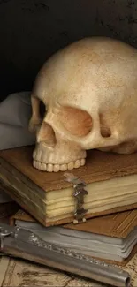 Vintage-style wallpaper with a skull and books on a wooden table.