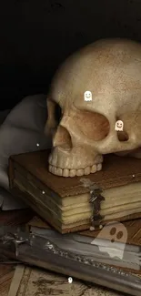 Dark vintage wallpaper with skull, books, and pistol.