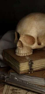 Vintage skull on books with dark background wallpaper.