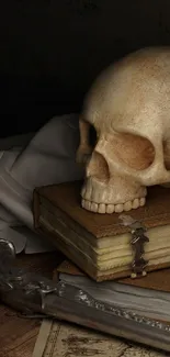 Vintage skull on books with an antique vibe.