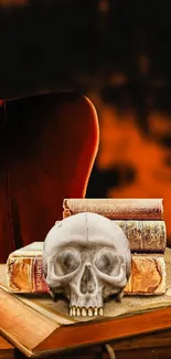 Vintage desk with skull, books, and candles creating a warm, gothic ambiance.