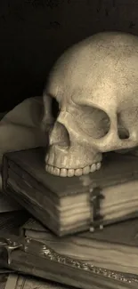 Vintage skull on antique books in sepia tones.