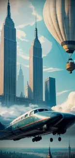 Vintage airplane and hot air balloon flying over a cityscape with skyscrapers.