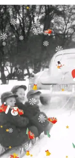 Vintage photo of kids sledding behind a car in snow.