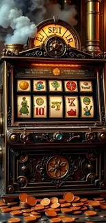 Vintage slot machine with steam and coins