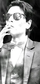 Black and white image of man in suit with smoke.