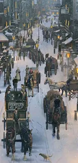 Vintage snowy street scene with carriages.