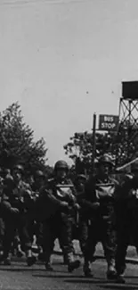 Black and white soldiers marching in a historic setting wallpaper.