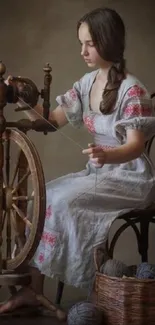 Young woman using a spinning wheel in a vintage portrait setting.