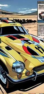 Comic-style vintage sports car in vibrant yellow and bold colors.