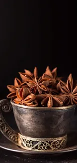 Vintage cup filled with star anise against a dark background.