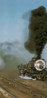 Vintage steam train with smoke on tracks.