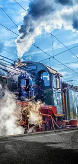 Vintage steam train under vibrant sky with smoke.