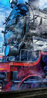 Vintage steam train emits mist in a blue sky setting.