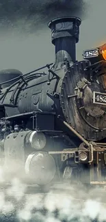 Vintage steam train with smoke in motion on a gray backdrop.