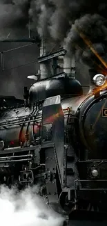 Vintage steam train emitting smoke in dynamic motion.