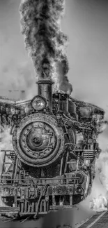 Black and white vintage steam train wallpaper with smoke clouds.