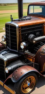 Steampunk-style vintage truck with industrial copper design.