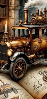 Vintage steampunk car surrounded by books with detailed engine diagrams.