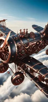 Vintage steampunk airship flying through clouds.