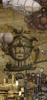 Steampunk airship and gears on vintage wallpaper background.