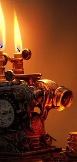 Vintage steampunk art with glowing candles and intricate clockwork design.