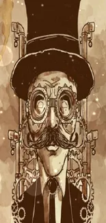 Vintage steampunk artwork with gentleman, top hat, and gears in brown tones.