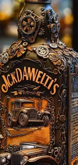 Steampunk-themed vintage bottle close-up.