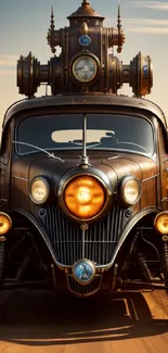 Front view of a vintage steampunk car on a sandy road in a desert setting.