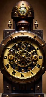 Intricate steampunk clock with vintage brass gears on a bronze background.