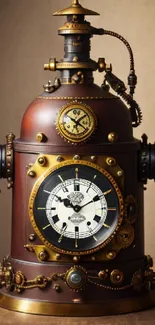 Intricate vintage steampunk clock with bronze and gear detailing.