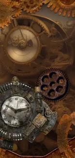 Steampunk clock wallpaper with gears and vintage design.