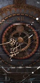 Intricate steampunk clock with gears and Roman numerals.